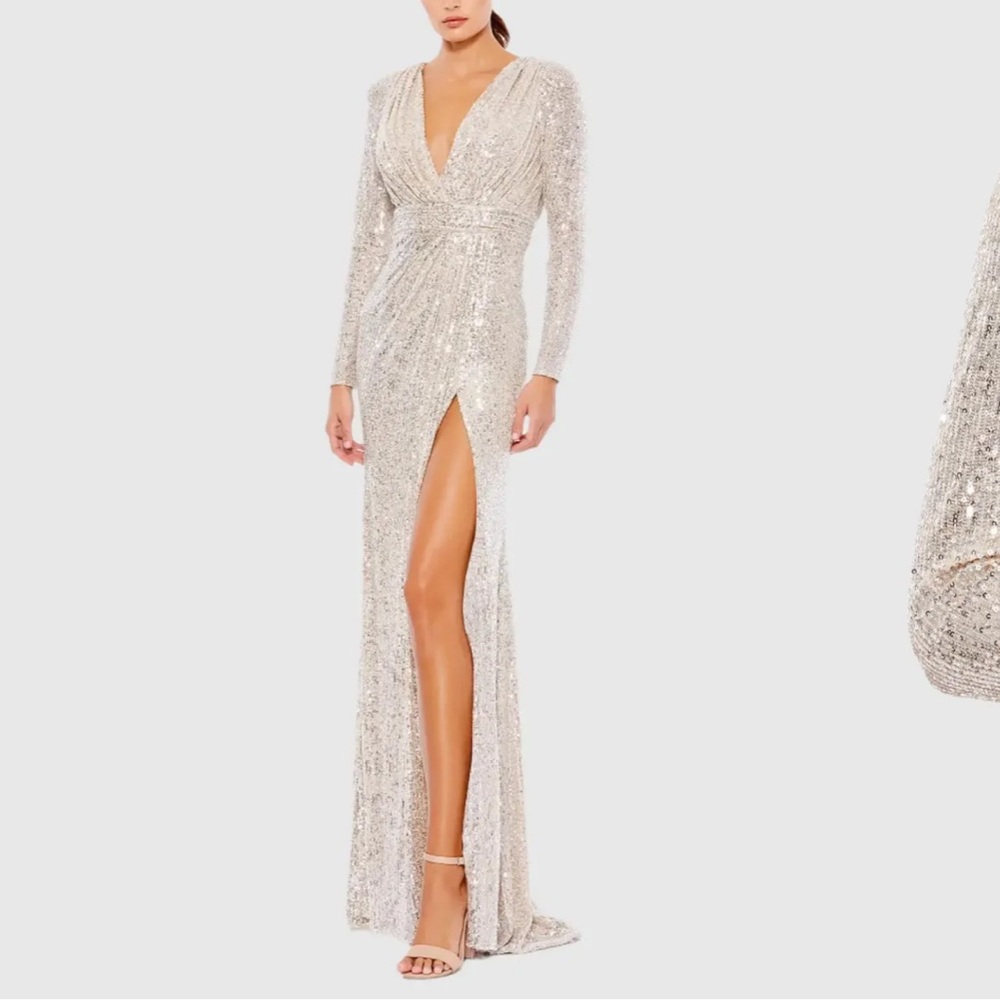 Long Sleeve Silver Sequin Wrap Gown with High Slit